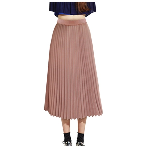 Falda midi elástica plisada lisa para mujer - Estilo elegante e informal - Poliéster - Tallas S-XL