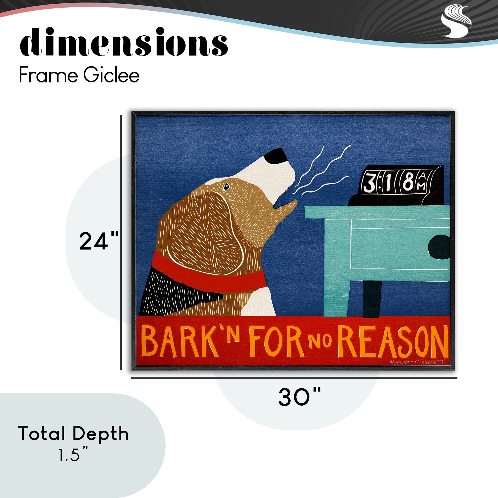 Bark'n For No Reason Black Framed Giclee Art, design by Stephen Huneck