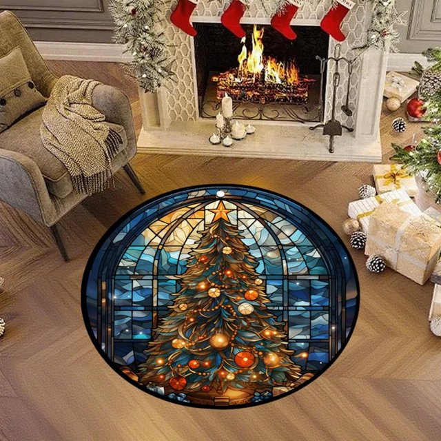 Feltree Christmas Round Area Rug Holiday Decor for Living Room Bedroom, Non-Slip Festive Blue Reindeer Print Small Carpet, 15.75 Inch Sofa Coffee Table Mat