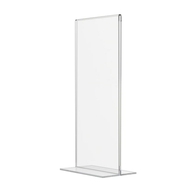 25 Pack Acrylic Sign Holder for 4" x 9" literature, featuring a double-sided upright design with bottom load functionality. Made of clear, durable acrylic, each holder measures 4"W x 9"H with a 2.75"D base and 0.080-inch thickness. Ideal for displaying menus, advertisements, or informational notices on countertops in retail stores, reception areas, and restaurants. The freestanding T-shaped design allows for easy insertion and dual-sided viewing of printed materials.
