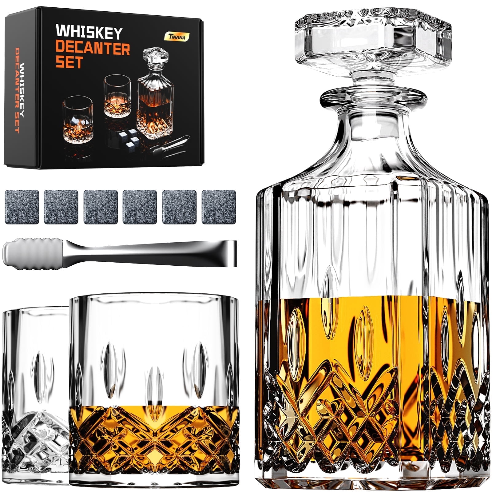 TINANA Whiskey Decanter Set with Glasses and Whiskey Stones, Whiskey Decanter Sets for Men, Valentine's Day Gift, Anniversary Birthday Gifts for Father Mother Husband