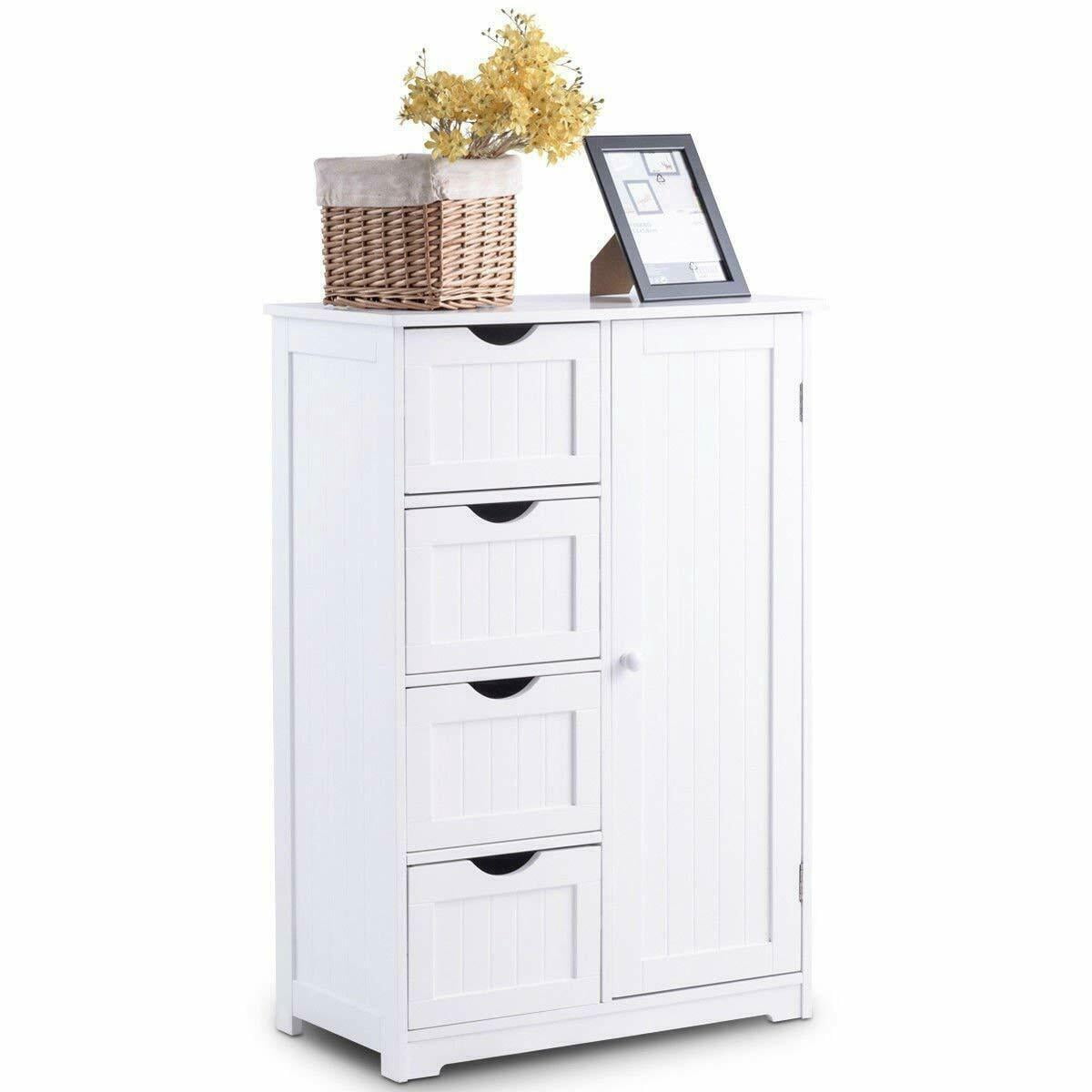 WRTHN Free-Standing Bathroom Storage Cabinet, 4 Drawers + 1 Cupboard, Waterproof P2 MDF, White, 22"L11.8"W32.3"H (3-Position Adjustable Cupboard Shelf)
