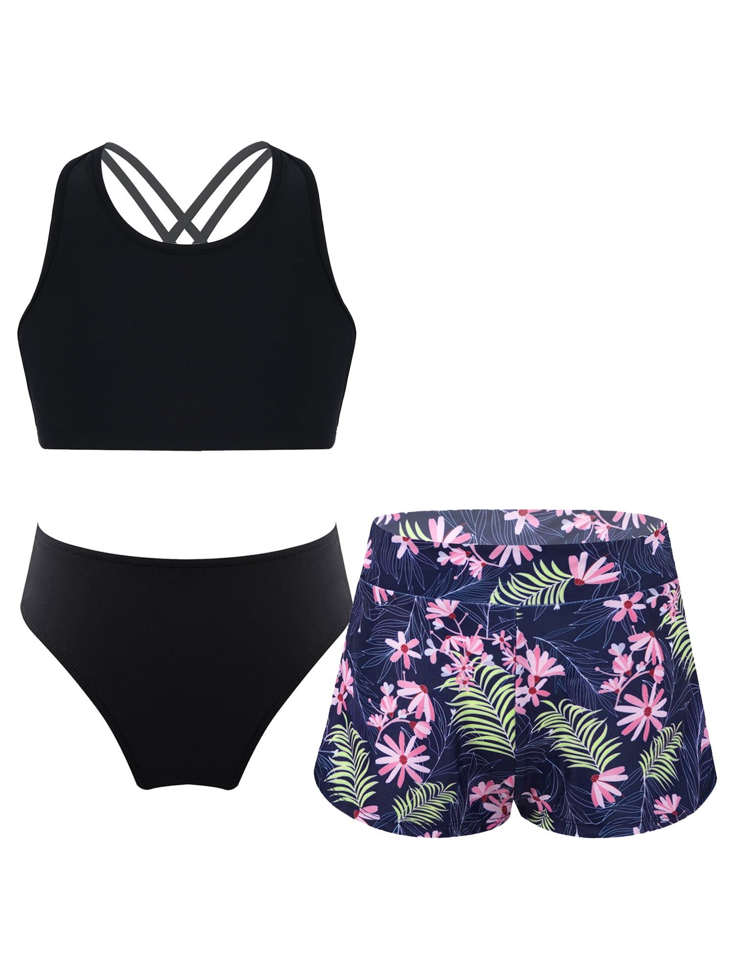 TiaoBug Girls 3 Piece Swimsuit Athletic Bikini Suit Tropical Print ...