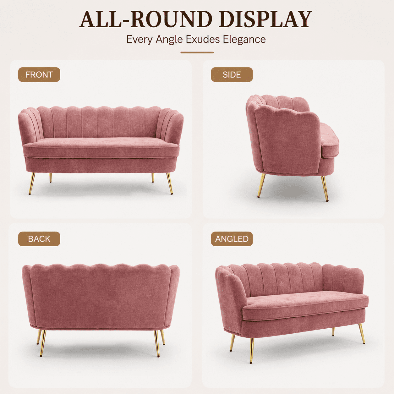 MOONMISS Chenille 2-Seater Loveseat with Gold Legs,Scallop-Tufted Curved-Back Sofa for the Living Room or Bedroom,Pink