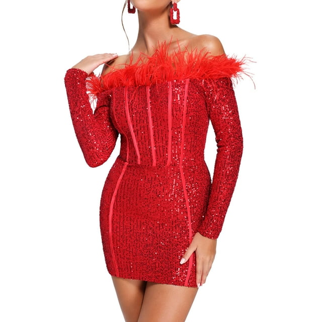 Vestido de lentejuelas Bella Barnett Feather con un hombro rojo para mujer