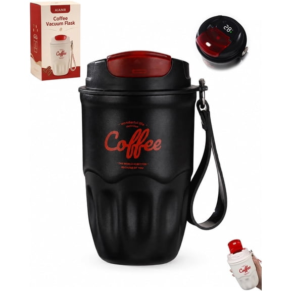 Coffee Vacuum Flask 12oz Portable Cup with Lid Handle 316 Stainless Steel Liner Insulated Water Bottle Hot Cold Drinkware Travel Mug Home Office Outdoor Camping Daily Use(Black,Digital display)