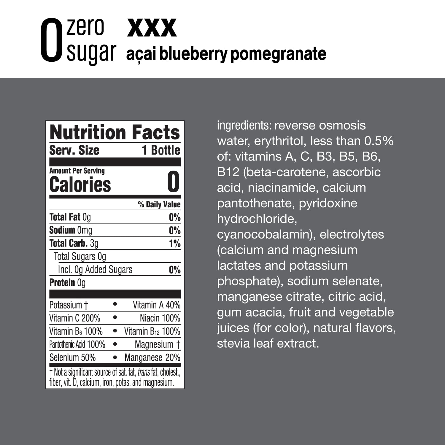 vitaminwater zero sugar xxx, electrolyte enhanced water w/ vitamins, açai-blueberry-pomegranate drinks, 20 fl oz, 12 Pack