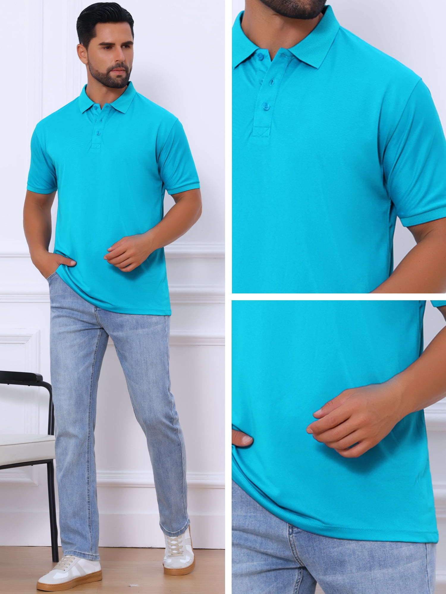 DARING DIVA Men's Solid Stretch Short Sleeve Slim Fit Golf Shirt L Bright Blue