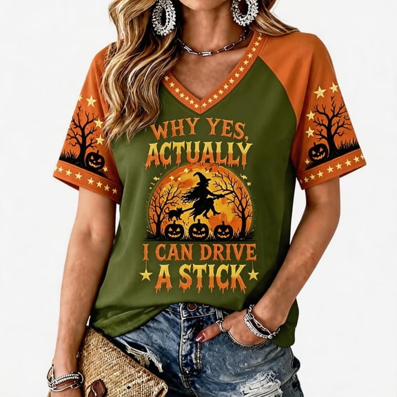 VXARARL Womens Short Sleeve V Neck Halloween T Shirts Pumpkin Shirts Why Yes Actually I Can Drive A Stick Graphic Autumn Tee Tops Ghost Pumpkin T Shirts Army Green S
