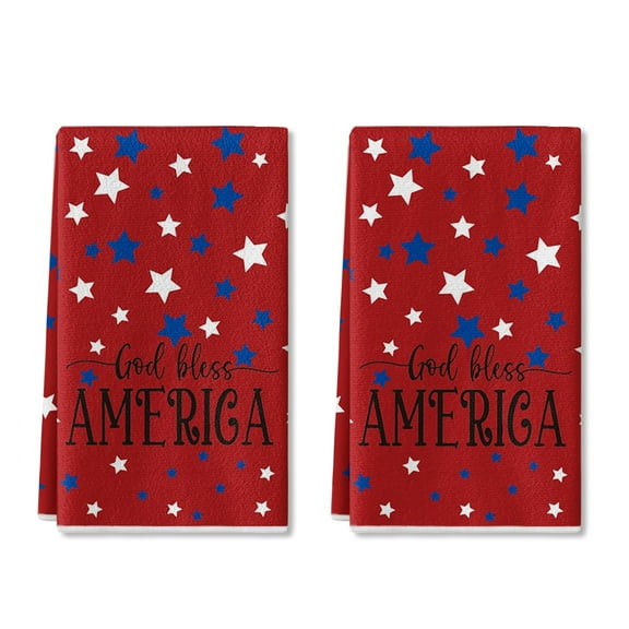 Sm:)e Star God Bless America 4th of July Kitchen Dish Towels Set of 2 18x26 Inch, Red, Soft & Absorbent Patriotic Independence Day Washcloth