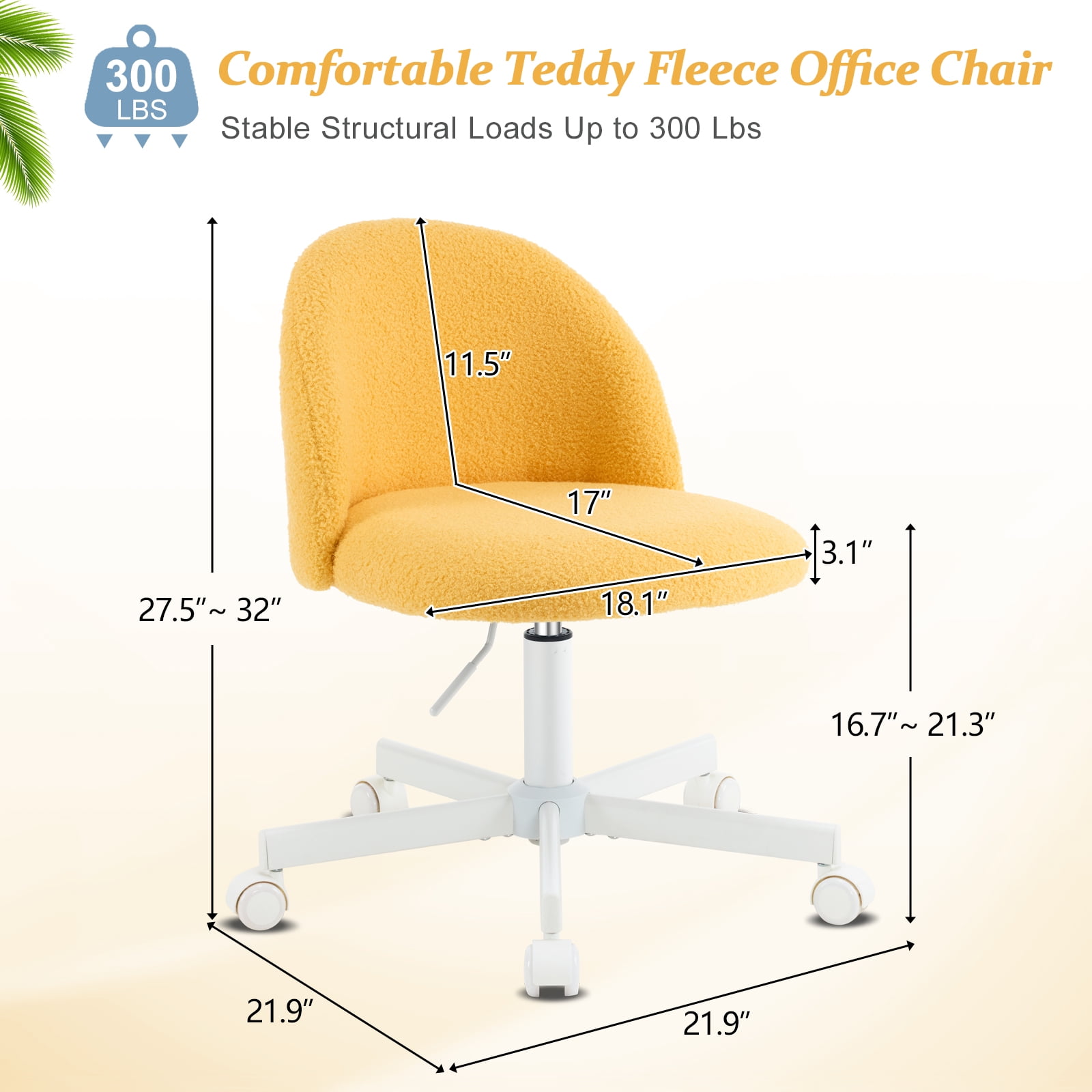 Ktaxon Armless Home Office Desk Chair Cute Mid Back Vanity Stool Teddy Velvet Swivel Task Chairs with Wheels Yolk Yellow