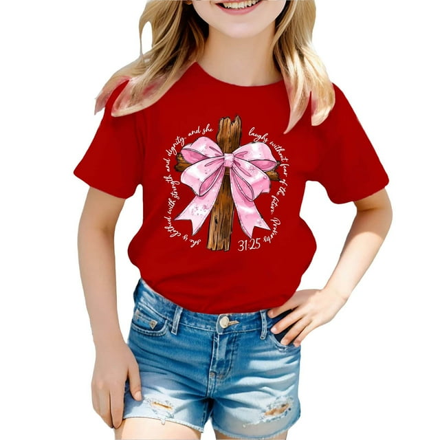 NINGMENG Hauts et T-Shirts pour Filles Tout-Petits Été Imprimé Nœud Papillon Col Rond Manches Courtes T-Shirts Décontractés Amples Usage Quotidien, Rouge, 4-5 Ans