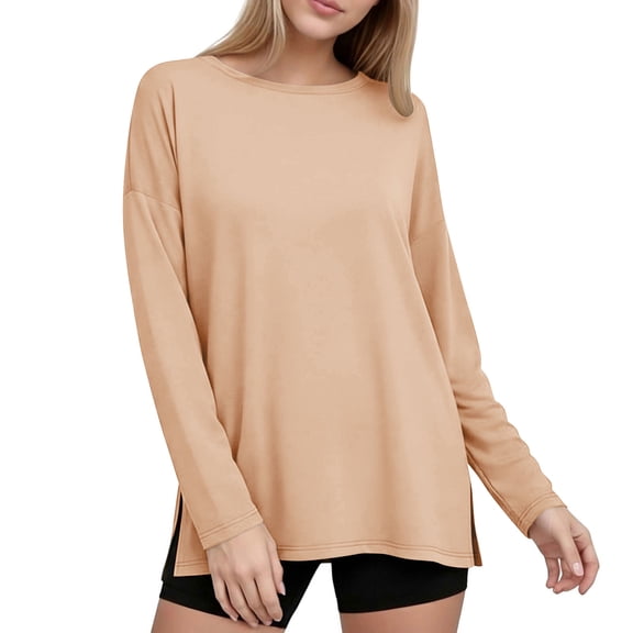 Kukoosong Women's Oversized Long Sleeve Pullover Top with Crew Neck and Side Slit, Casual Loose Fit T-Shirt for Gym Workout and Daily Fitness