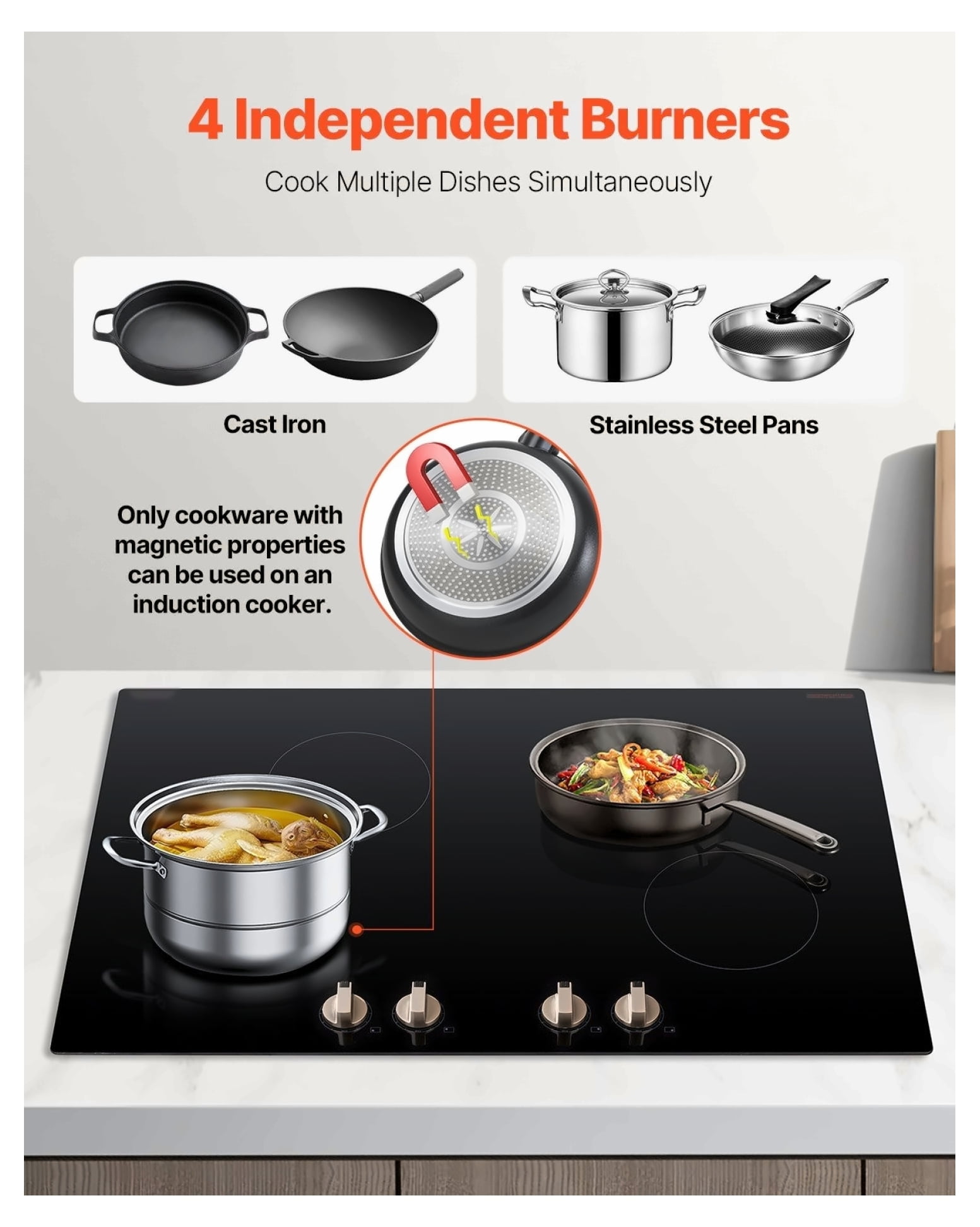 6600W 4 Burner Induction Cooktop, Electric Countertop Stove, Knob Control, Built-in Cooktop for Kitchen, Fast Heating, Safety Features, Easy Clean