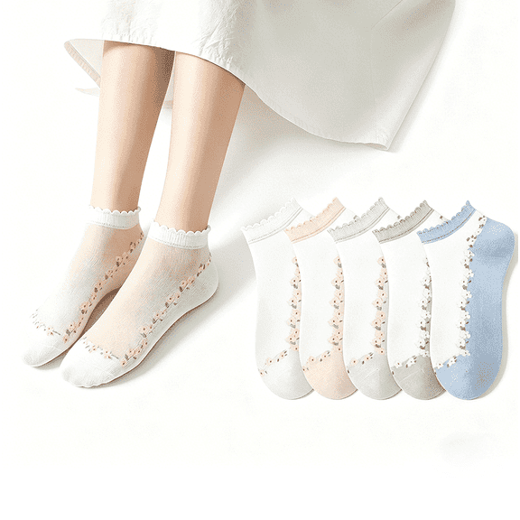 5 Pairs Women's Sheer Socks with Flower Trim,Summer Ultra Thin Cool See Through Silk Stockings,Breathable Soft Transparent Ankle Socks for Daily Wear(5Colors)