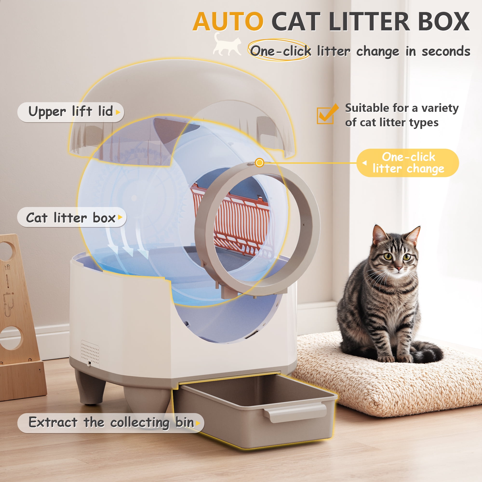 Homall Self-Cleaning Cat Litter Box with App Control and Safety Protection, WiFi,  Automatic, and Waste Bags, Brown