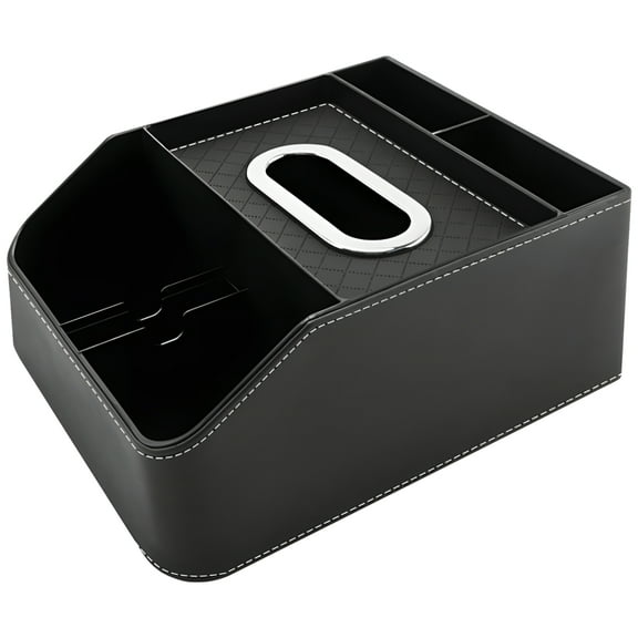 Car Seat Organizer with Tray, Multifunctional Console Storage Box for Front and Back Seat, Leather, Includes Tissue Box and Dividers, Classic Black, Perfect for Organizing Phones, Keys, and More