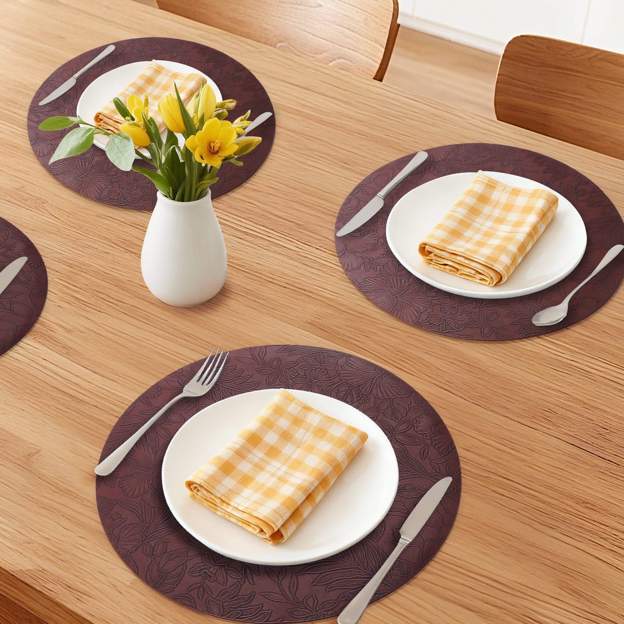 Unique Bargains Set of 6 Leather Round Placemats for Kitchen Dining Table Dark Brown
