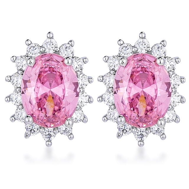 Precious Stars Silvertone Pink Cubic Zirconia Oval Royal Earring Studs