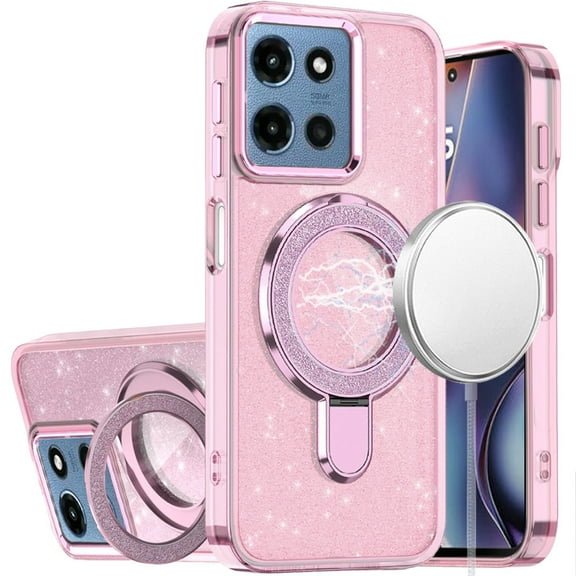 For Motorola Moto G 5G 2025 Transparent Glitter Rotaional Magnetic Ring Stand HQ Hybrid - Light Pink
