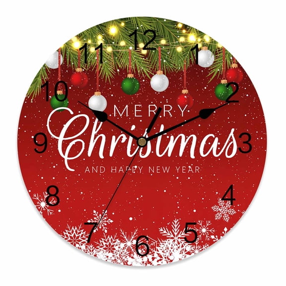 Wall Clock 10 Inch Red Merry Christmas Round Silent Decorative Wall Clocks Battery Operated for Living Room Bedroom Kitchen Classroom Decor, White Snowflake Xmas Balls,Small