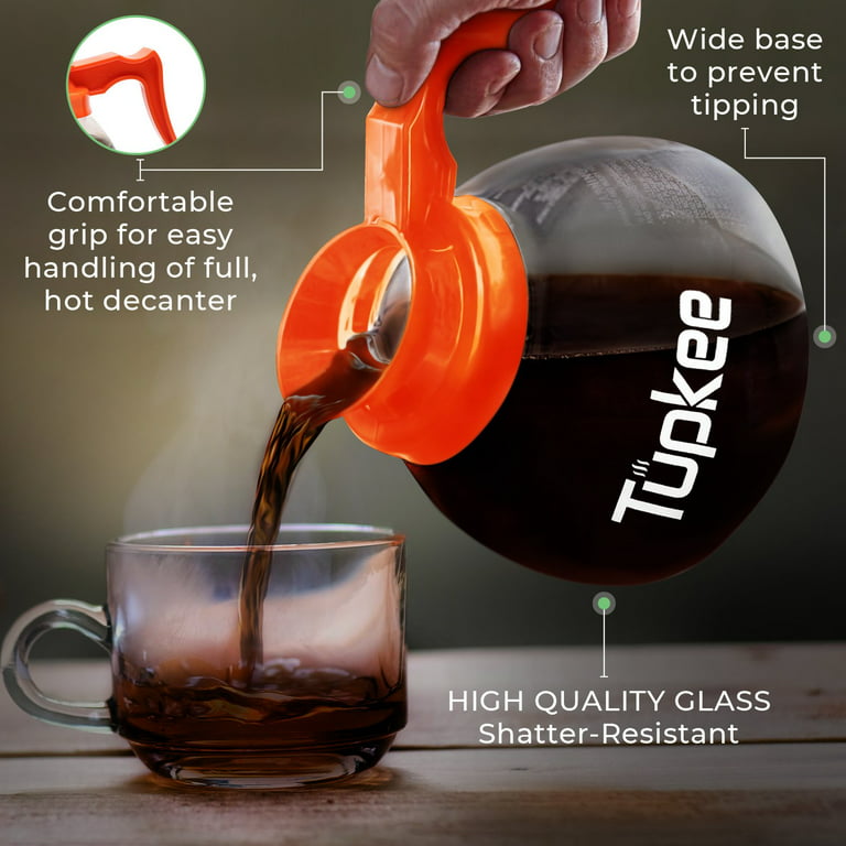 Tupkee Commercial Coffee Pot Replacement - Restaurant Glass Coffee Pots 12 Cup Decanter Carafe - 64 oz. 12-Cup Orange Handle / Decaf