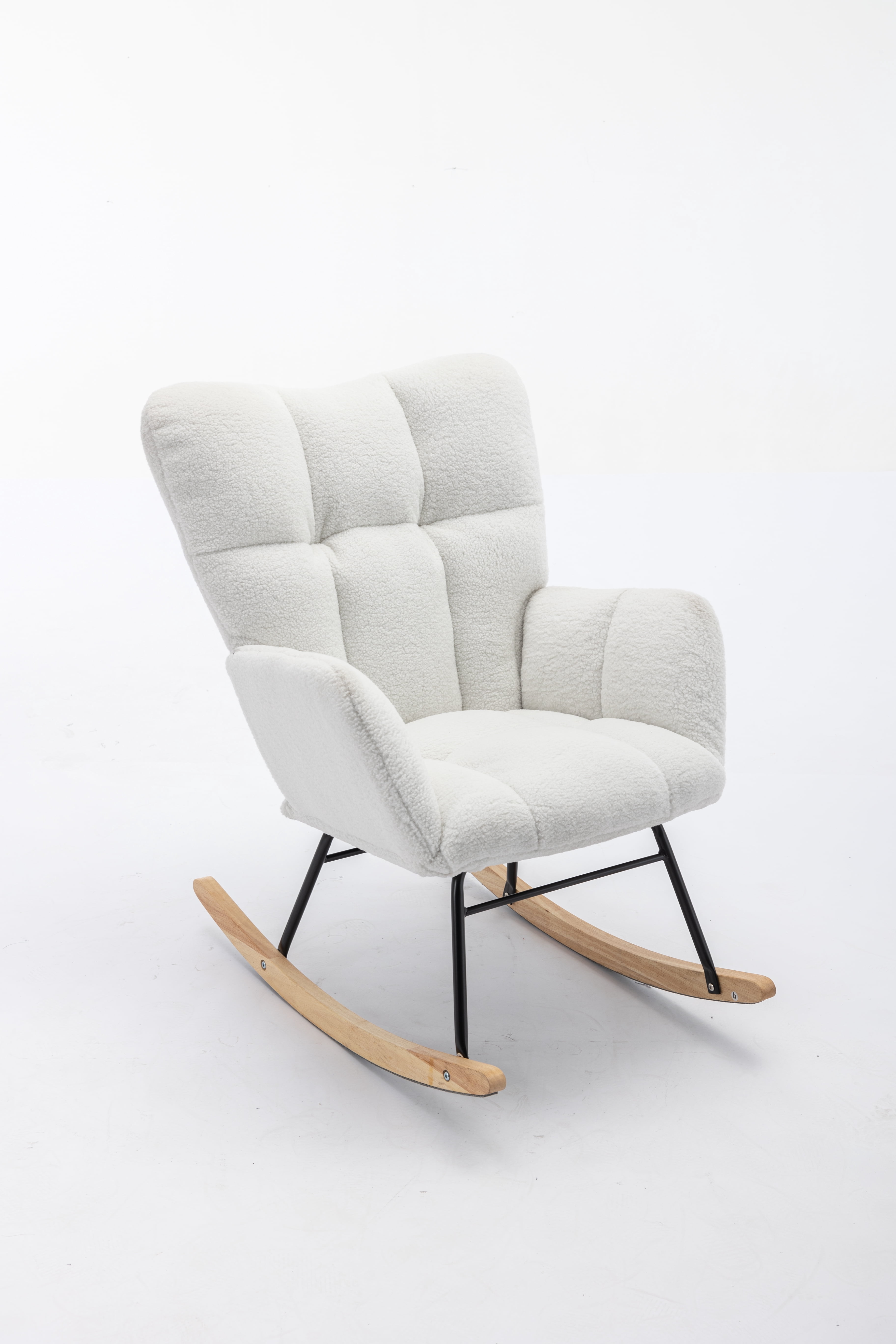 JXXRZ Nursery Rocking Chair, Oversized Teddy Plush Rocker with Modern Upholstered High Back and Solid Wood Legs, White