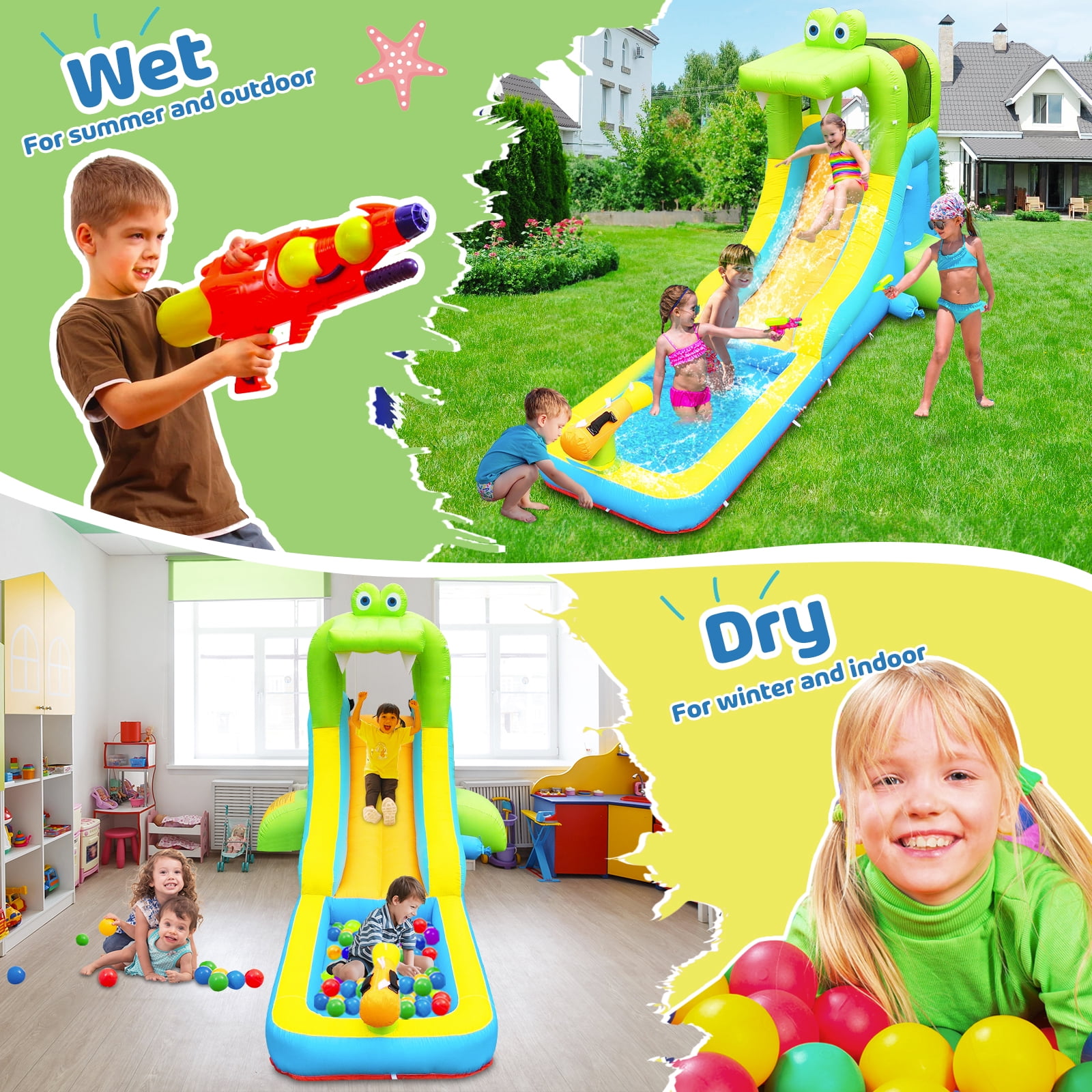 NBSPORT Inflatable Crocodile Water Slide & Bounce House for Outdoor Backyard, with Climbing Wall, Splash Pool, Water Cannon & Blower for Kids