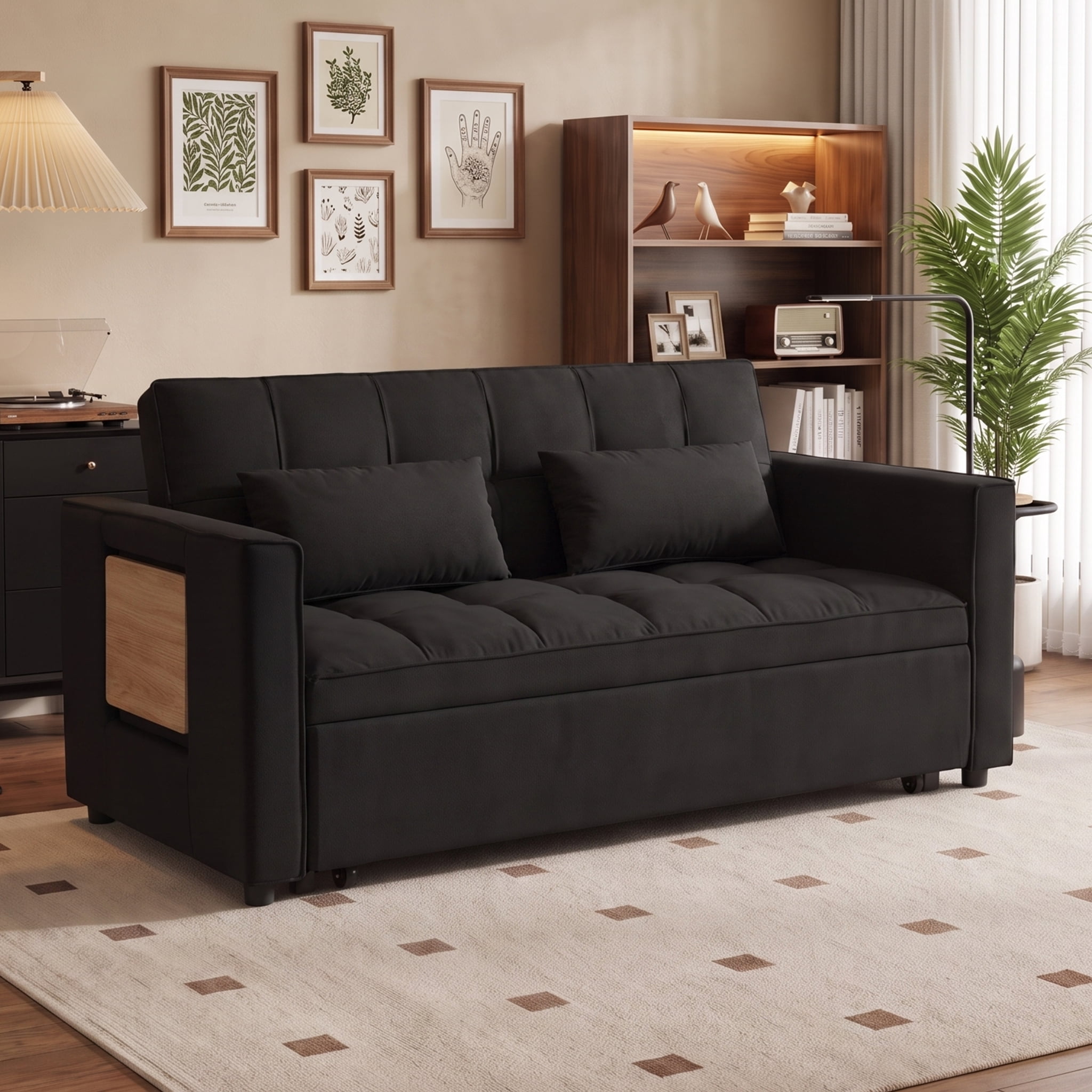Pull Out Sofa Bed,Full-Size Sleeper Sofa,Velvet Convertible Loveseat Counch with Side Strong Pocket,Multi-Function 2-Seater Sofa Bed with Wheels for Living Room Apartment Guest Room,Black
