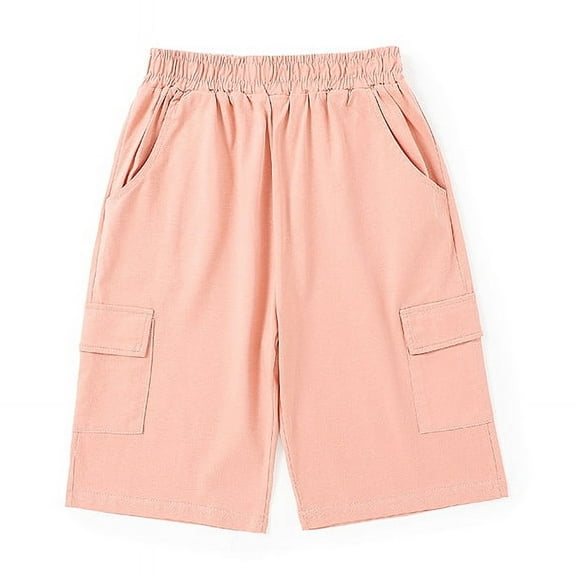 MKOSPLRT 4-12 Years Cargo Shorts for Kid Girls Boys Elastic Waist Cototn Shorts Solid Color Casual Quick Drying Shorts with Pokcet