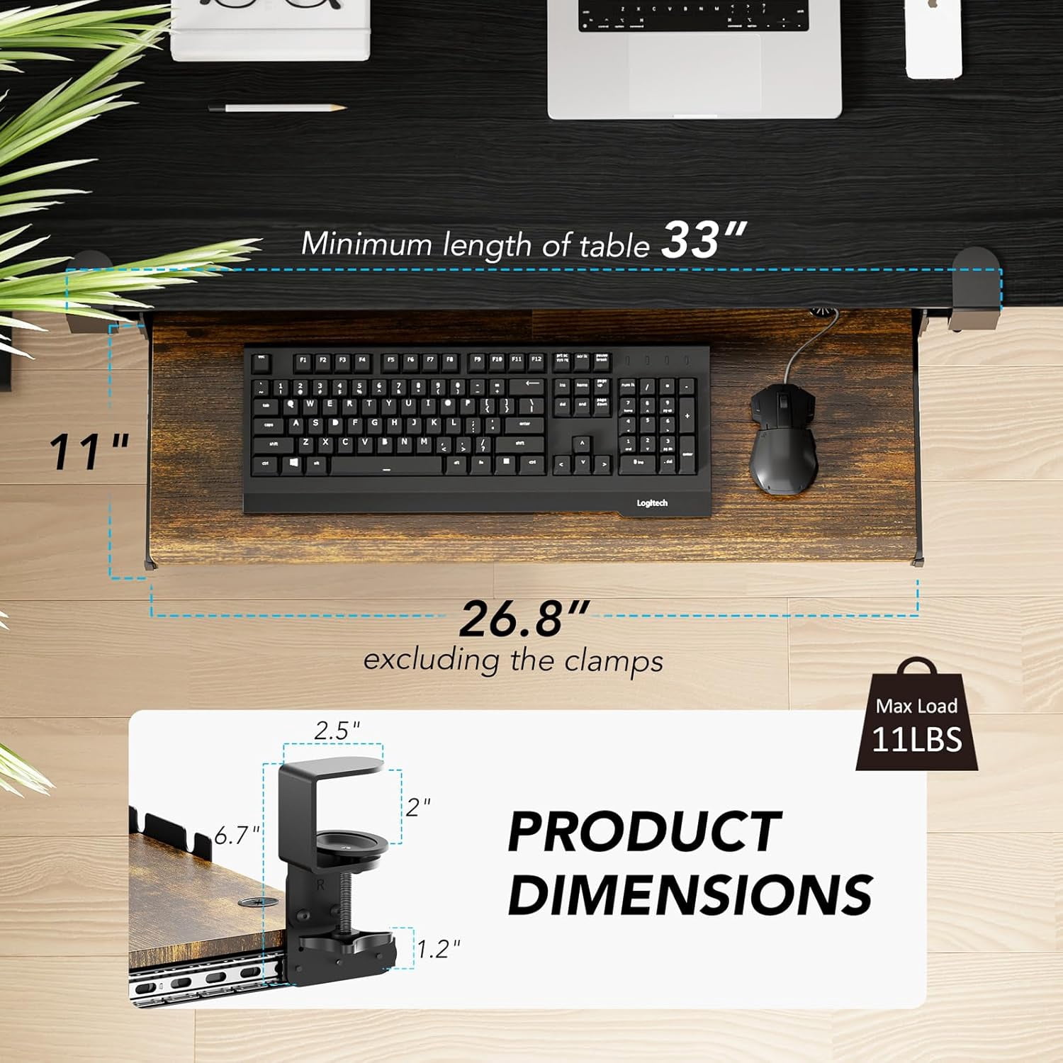 Keyboard Tray Under Desk Pull Out with Extra Sturdy C Clamp Mount System, 27.3 (32.5 inch Including Clamps) x 11 Inch Slide-Out Platform Computer Drawer for Typing Vintage AX01WG02