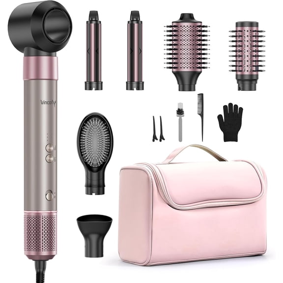 7-in-1 Hair Dryer Brush Blow Dryer, Hot Air Brush Styler with Travel Bag– Fast Drying, Curling, Straightening & Volumizing – 1500W High-Speed Motor 110,000 RPM – All Hair Types – Pink