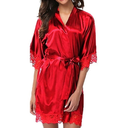 KVMeteor Women Satin Kimono Robe Lace Sexy Bridesmaid Nightgown Lingerie