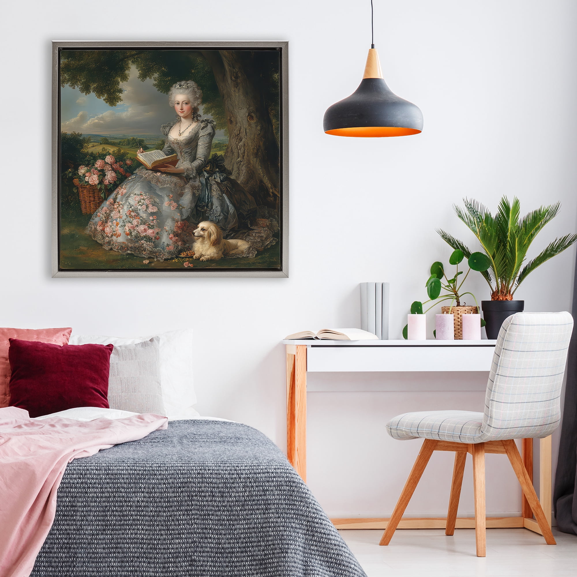 Stupell Industries Reading Rococo Lady with Dog Gray Framed Floater Canvas Wall Art, design by The Wands Want