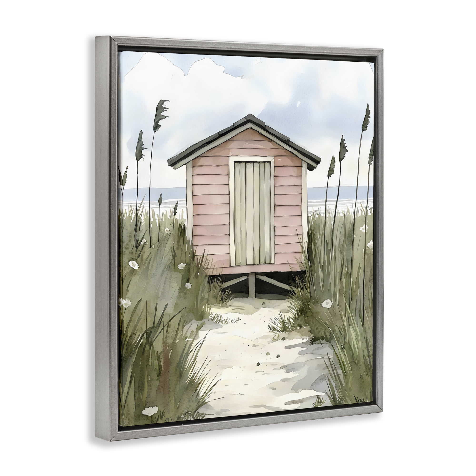 Stupell Industries Coastal Calm Pink Beach Hut Gray Framed Floater Canvas Wall Art, design by Riley B