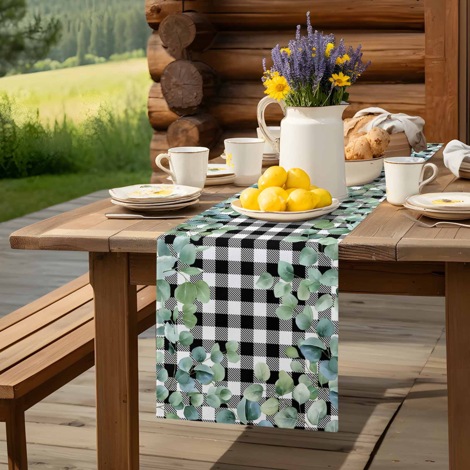 Farm Eucalyptus Leaves Table Runner 90 Inches Long, Geometric Black White Plaid Table Runners Tabletop Scarf Kitchen Dining Tables Decoration for Home Party Indoor Outdoor