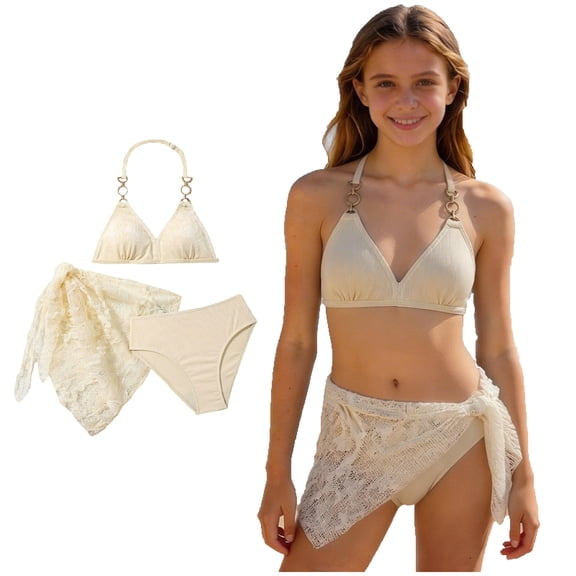 Girls Swimsuits 3 Piece Bathing Suits with Pants Cove Up Sets Summer Cute Girl Swimwear Bikini for 11-12 Years
