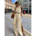thumbnail image 4 of Women'S 2 Piece Outfits Linen Vest Waistcoat Dressy Casual Sets High Slit Wide Leg Pants Suits Khaki L, 4 of 7
