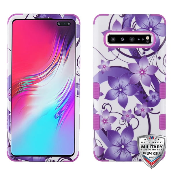 Samsung Galaxy S10 5G (6.7') Phone Case 3 in 1 Hybrid Impact Armor Hard PC & TPU Silicone Rubber Heavy Duty Rugged Bumper Shockproof Protective Case Purple Hibiscus Cover for Samsung Galaxy S10 5G