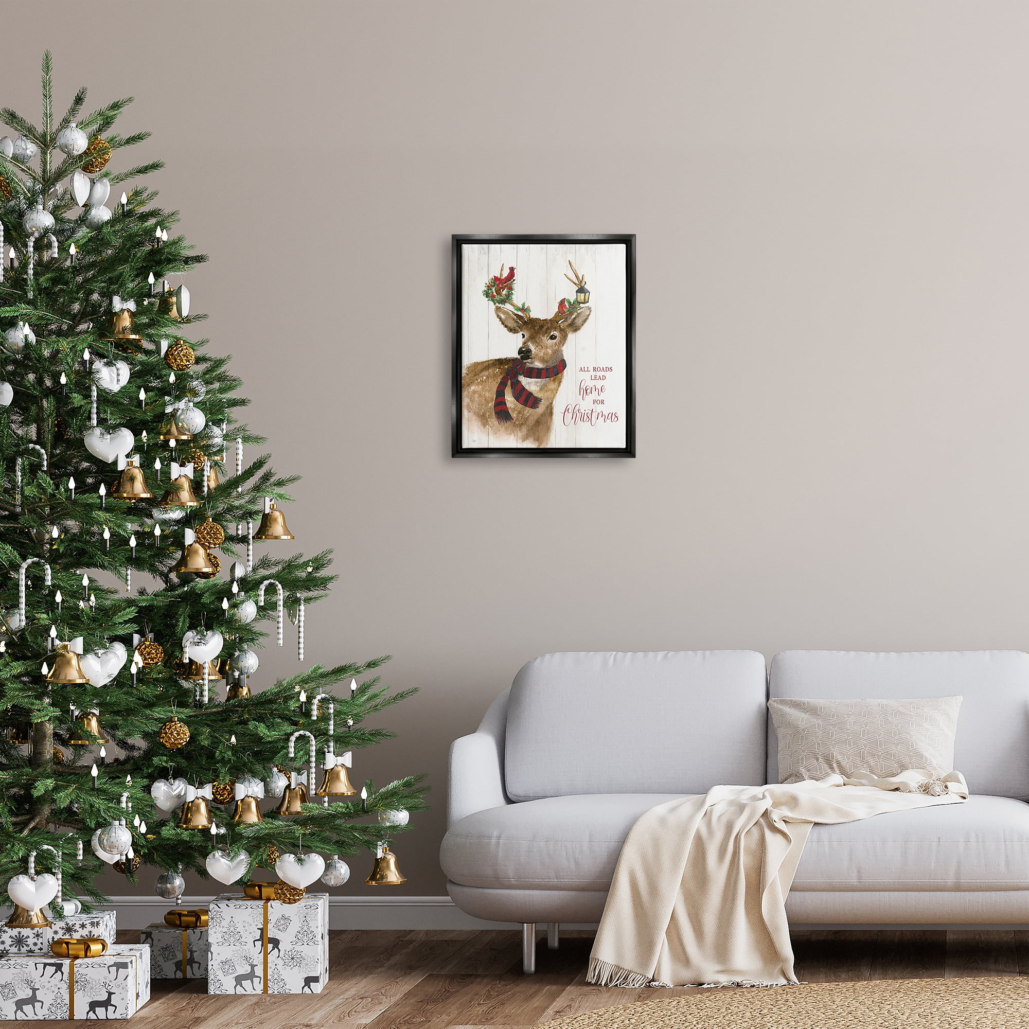 Stupell Industries All Roads Lead Home Christmas Deer Holiday Painting Black Floater Framed Art Print Wall Art