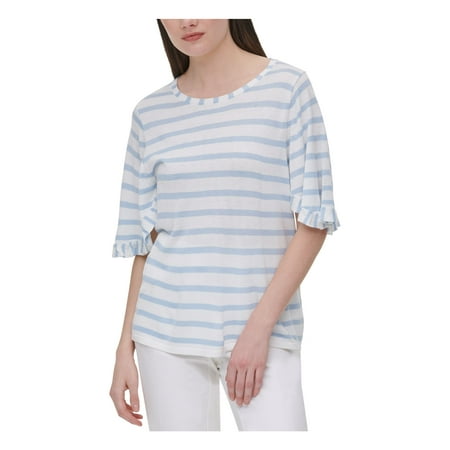 Calvin Klein Womens Striped Ruffled Sleeve Sweater