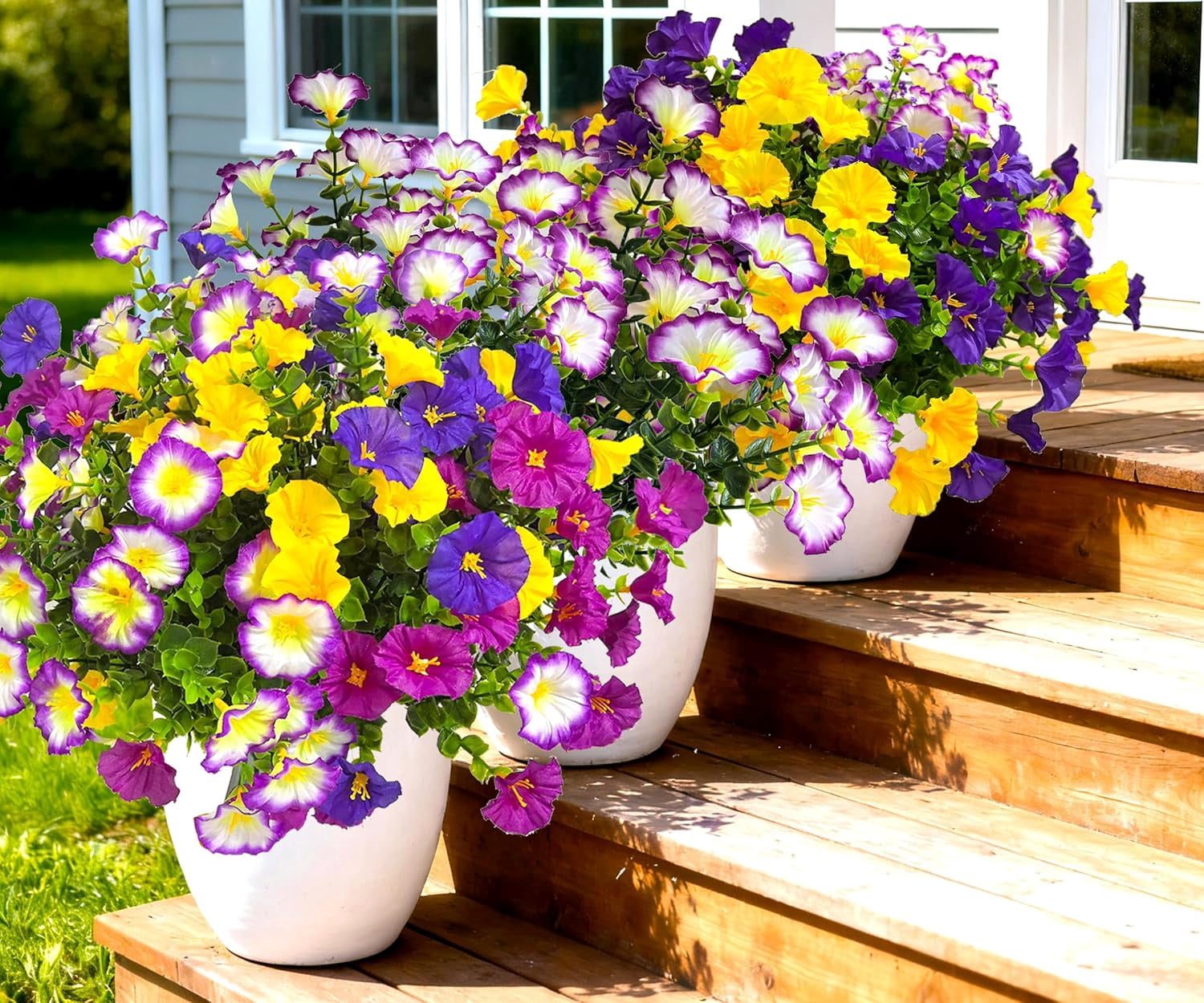 Artificial Flowers for Outdoors Fake Plants Spring Summer Decor, 12 Bundles Realistic Fake Silk Flowers Colorful Morning Glory UV Resistant Faux Flowers for Porch Outside Planter Porch Patio Yard