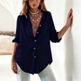 thumbnail image 2 of Morttic Women's Stylish Loose-Fit Long Sleeve Shirt – Stand Collar with Button Detail Roll-Up Cuff Solid Color Elegant Top Navy Blue，4XL, 2 of 3