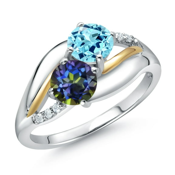 Gem Stone King 925 Sterling Silver and 10k Yellow Gold Blue Mystic Topaz Blue Apatite and White Lab Grown Diamond 2 Stone Engagement Ring for Women (1.04 Cttw, Round 5MM, Gemstone, Size 6)