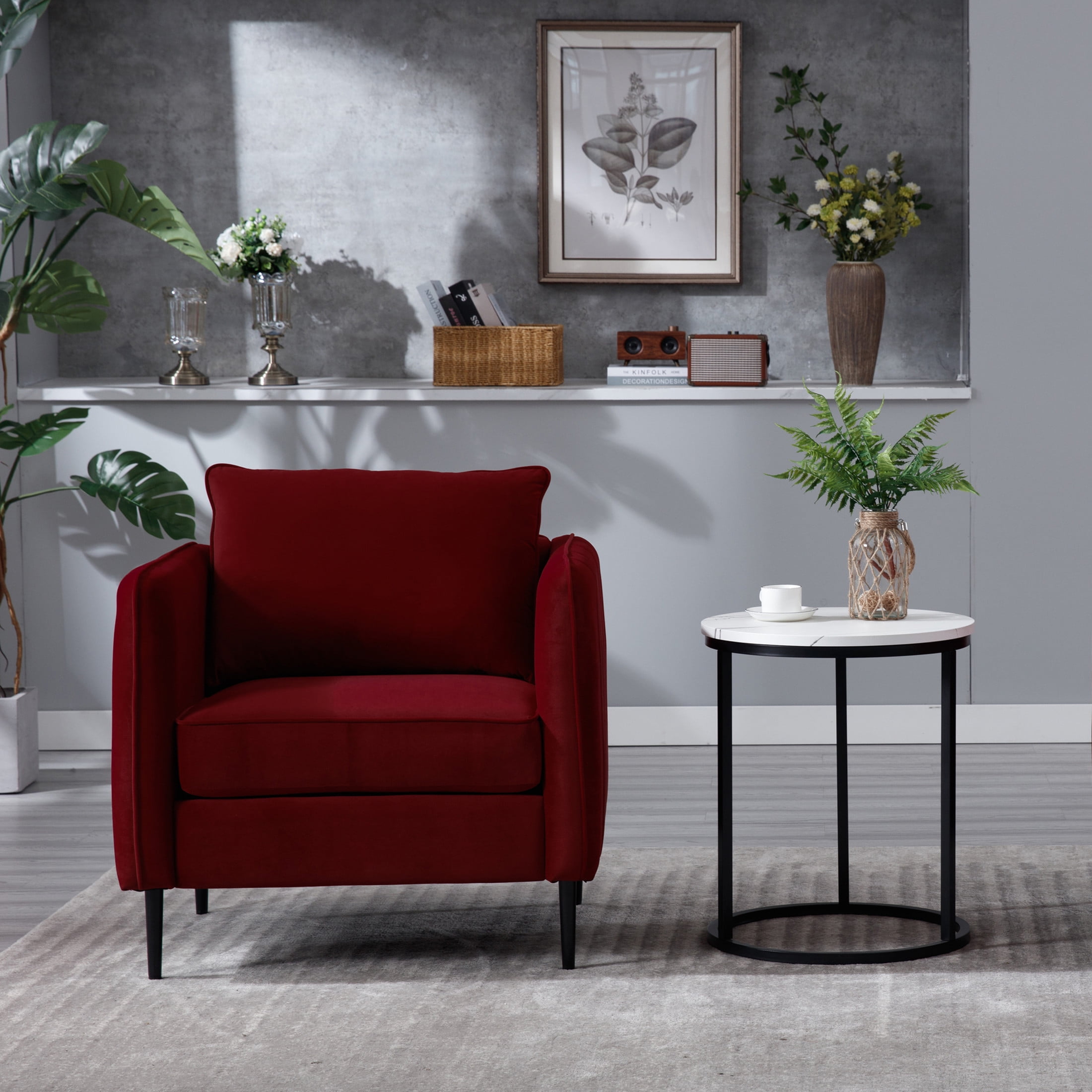Noble House Mid-Century Modern Velvet Upholstered Accent Chair with Pillow, Metal Legs, Wine Red