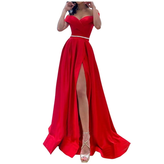 Sngxgn Womens Square Neck Dress Long Sleeve Side Slit Flare Mini Dresses(Red,M)