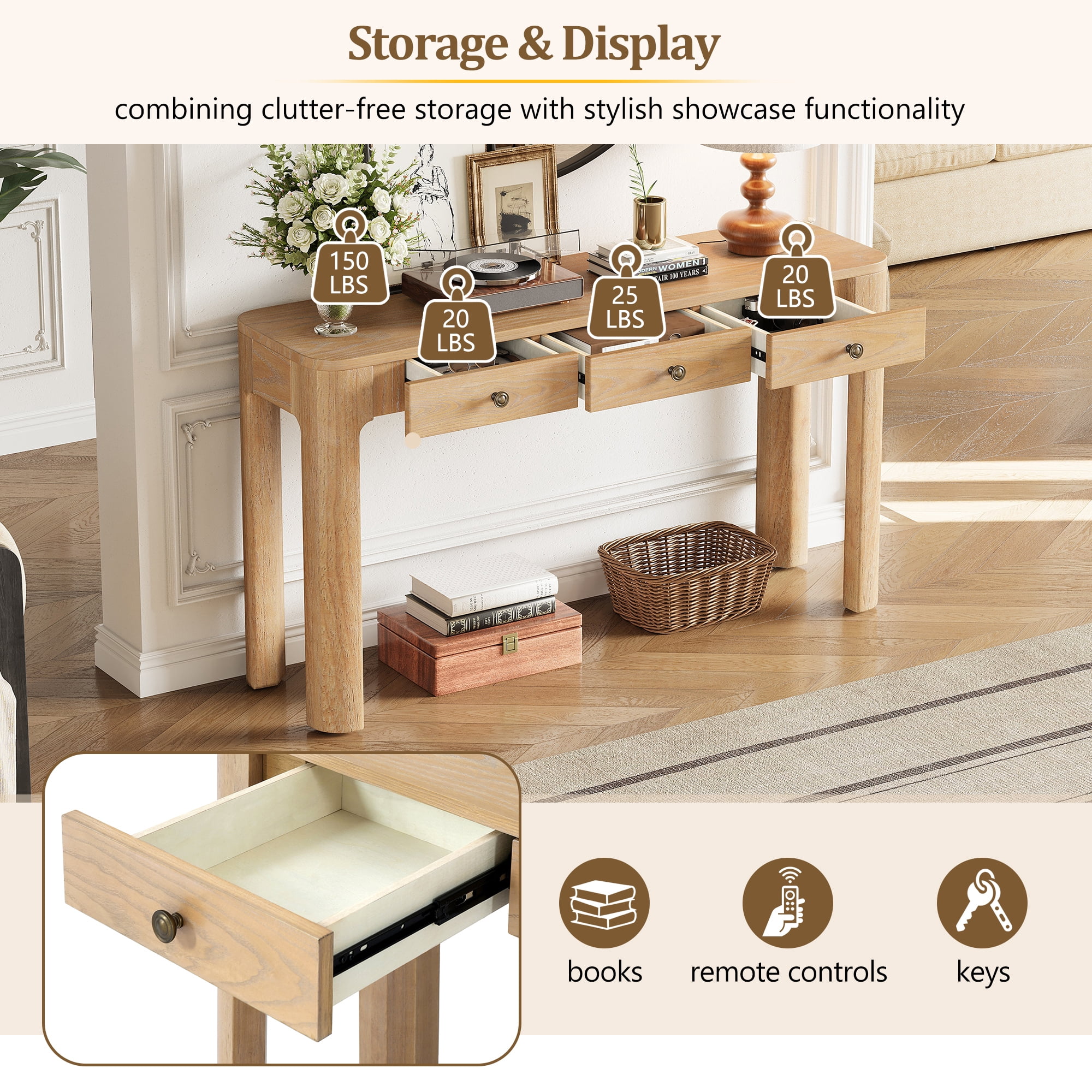 Retro Console Table with Curved Corners, Sofa Table Behind Couchwith 3 Concealed Drawers, Modern Entryway Table with Thick Legs for Hallway & Living Room