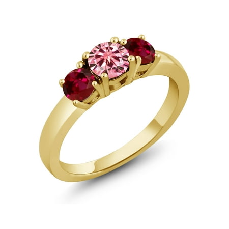 Ruby Pinky Ring - 18K Yellow Gold Plated Silver Created Ruby Ring Pink Moissanite 0.50ct DEW
