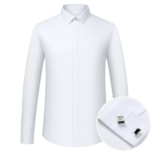 Men's Formal Dress Shirts Hidden Button Front French Cuffs Shirt Random Metal Cufflinks