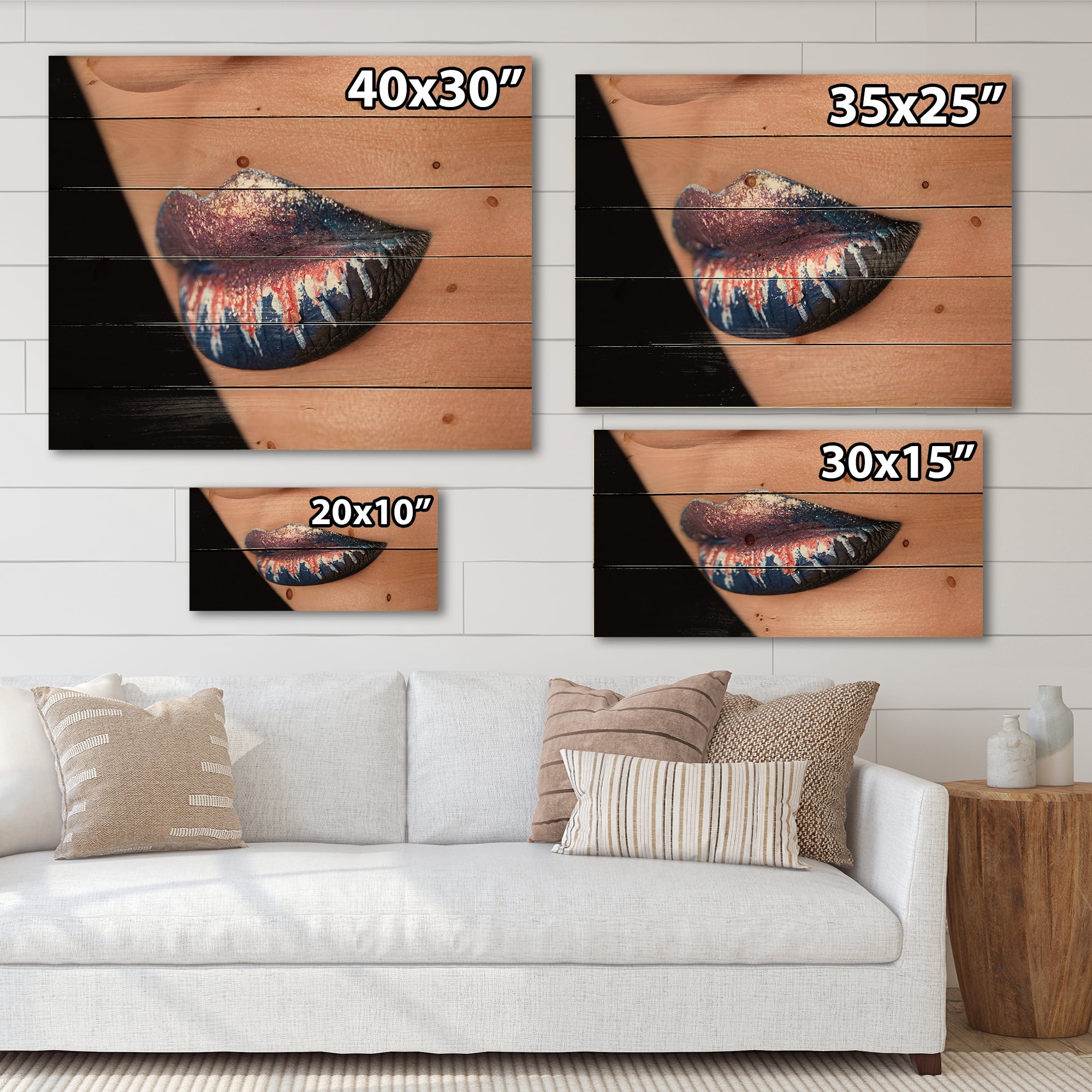 Designart 'Fashion and Creative Make Up On Woman Lips' Modern Print on Natural Pine Wood